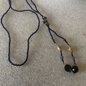 Elegant Navy Beaded Lariat Necklace with Gold Accents